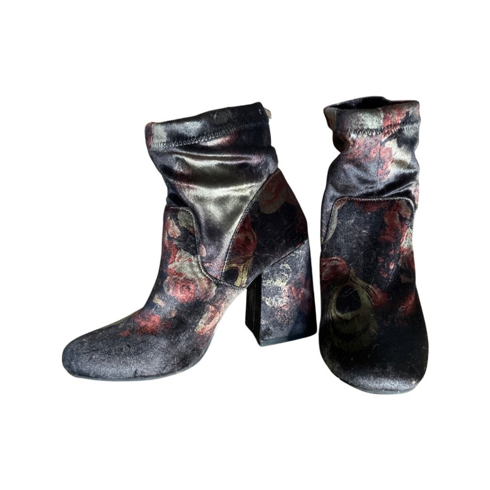 Velvet Floral Block Heeled Booties